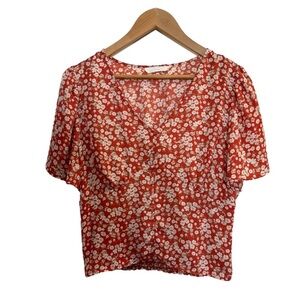 Lush sheer Red & White floral Puff Sleeve Blouse w/ gathered bust & ruched back